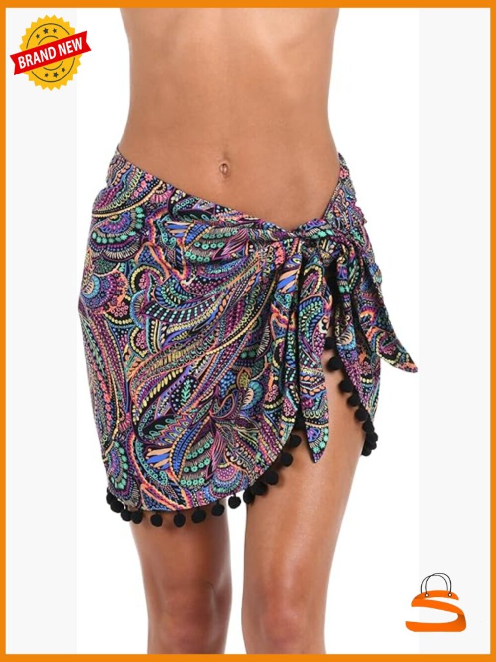 Pom Pom Trim Pareo Wrap Cover Up with Side Tie